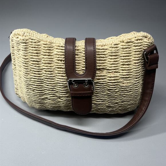 Woven Rattan Straw Crossbody Buckle Bag Beige Tan Hinge Picnic Beach Vacation - Picture 4 of 10
